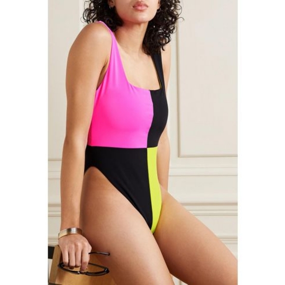 Mara Hoffman Idalia colorblock Neon 80s one piece swimsuit sz xl - Picture 2 of 5